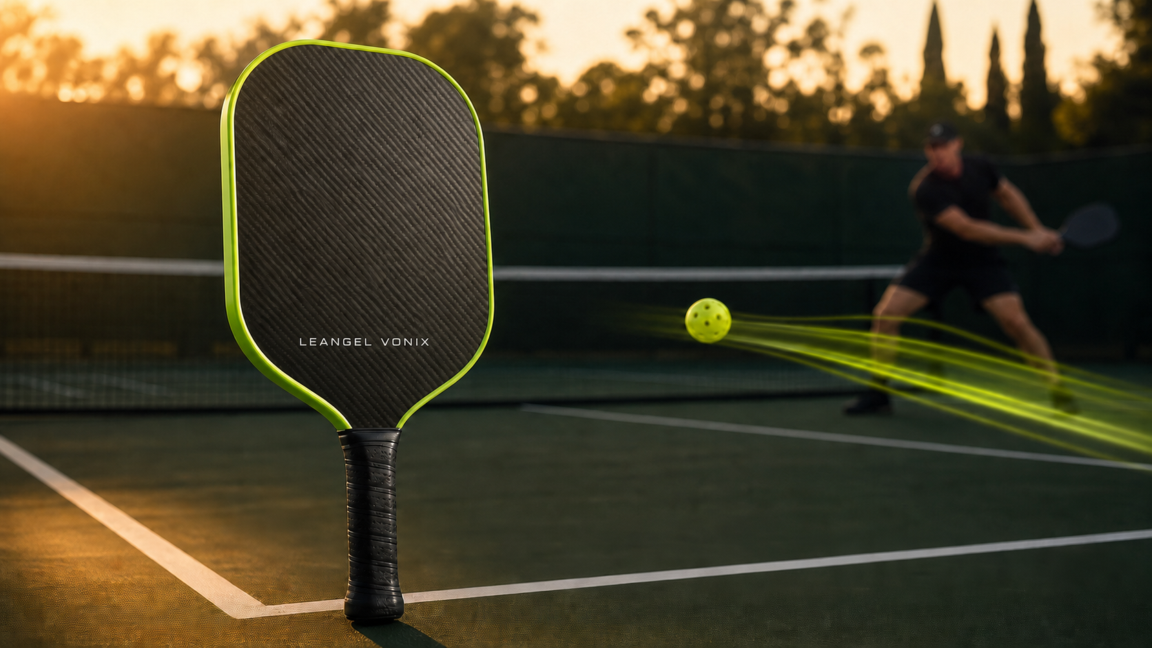 LEANGEL VONIX carbon paddle on a pickleball court