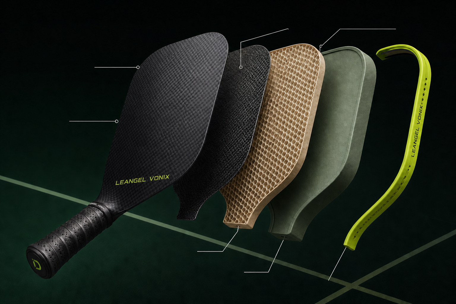Exploded view of a LEANGEL VONIX pickleball paddle construction